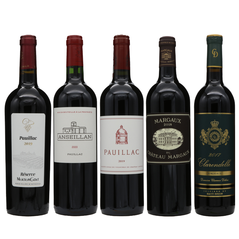 (ボルドー5大シャトーサードラベルセット)ポイヤックドラトゥール2019 /アンセイヤン シャトーラフィットロートシルト2020 /マルゴー・デュ・シャトー・マルゴー2018 /クラレンドル・ルージュ2017/ レゼルヴ・ムートン・カデ・ポイヤックバロン・フィリップ・ド・ロスチャイルド2019